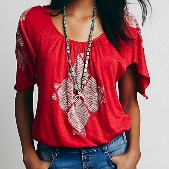 Free People Boho Embroidered Top S โ Open Back Flutter Sleeve Red Festival EUC - Picture 5 of 12